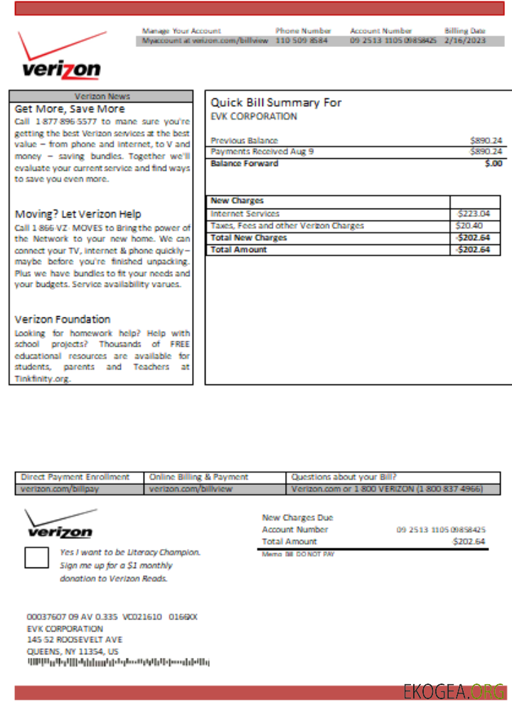 Facture commerciale de service public de Verizon, SCR